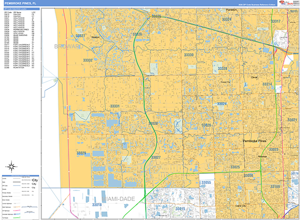 Pembroke Pines Zip Code Wall Map